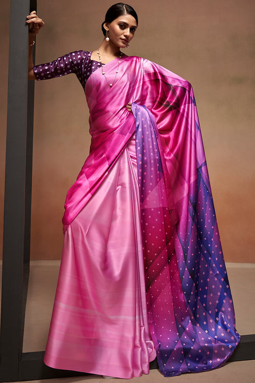 Load image into Gallery viewer, Gossamer Dark Pink Digital Printed Satin Silk Saree With Seraglio Blouse Piece
