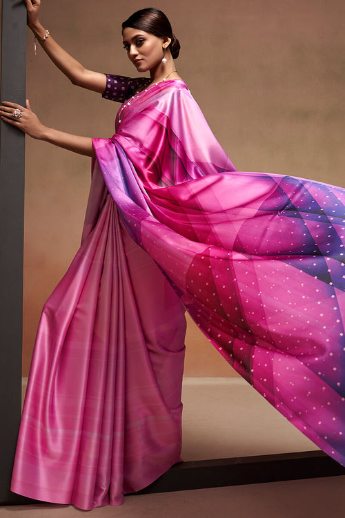 Load image into Gallery viewer, Gossamer Dark Pink Digital Printed Satin Silk Saree With Seraglio Blouse Piece
