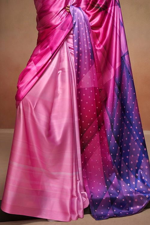 Load image into Gallery viewer, Gossamer Dark Pink Digital Printed Satin Silk Saree With Seraglio Blouse Piece
