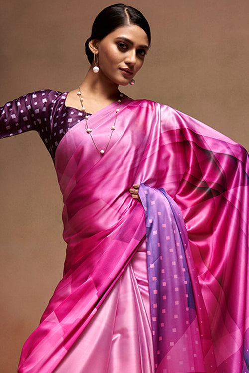 Load image into Gallery viewer, Gossamer Dark Pink Digital Printed Satin Silk Saree With Seraglio Blouse Piece
