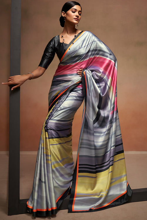 Multi Color Floral Digital Printed Japan Satin Silk Saree -