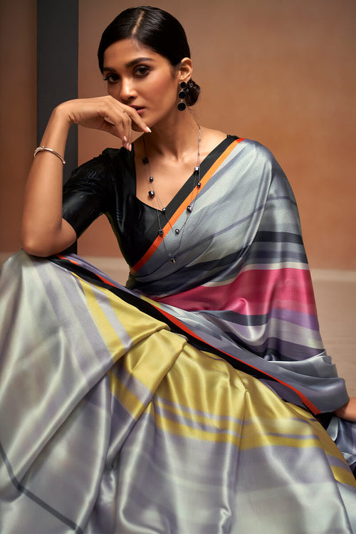 Load image into Gallery viewer, Splendiferous Grey Digital Printed Satin Silk Saree With Imaginative Blouse Piece
