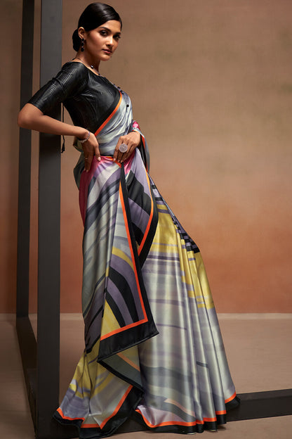Splendiferous Grey Digital Printed Satin Silk Saree With Imaginative Blouse Piece