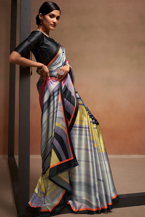 Load image into Gallery viewer, Splendiferous Grey Digital Printed Satin Silk Saree With Imaginative Blouse Piece
