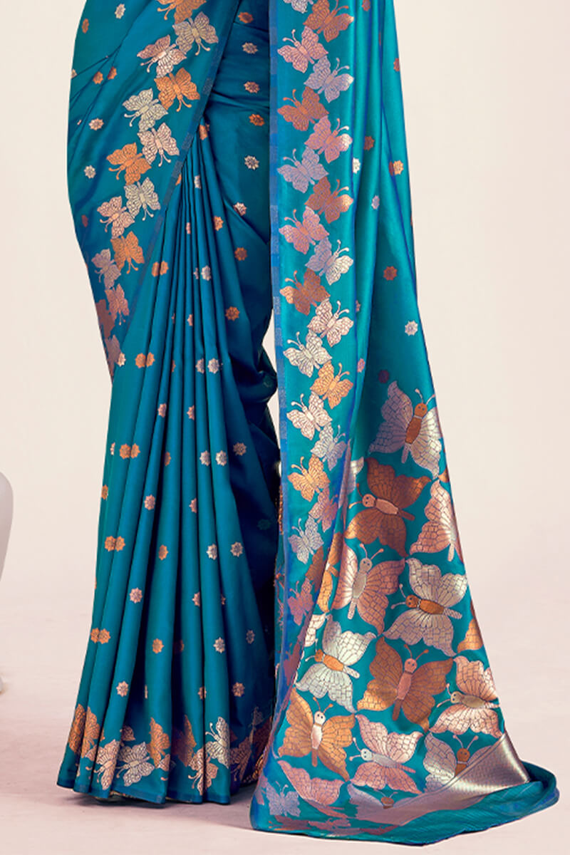 Trendy Blue Soft Banarasi Silk Saree With Flattering Blouse Piece