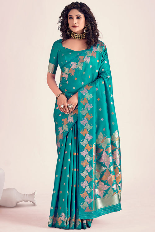 Load image into Gallery viewer, Extraordinary Firozi Soft Banarasi Silk Saree With Lovely Blouse Piece
