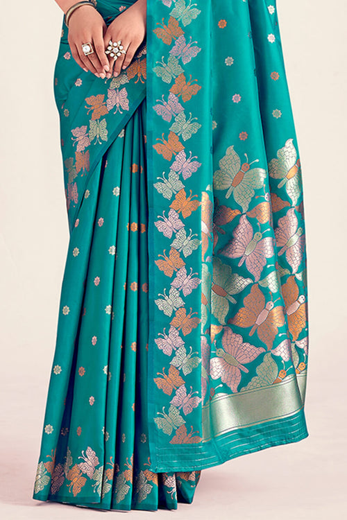 Load image into Gallery viewer, Extraordinary Firozi Soft Banarasi Silk Saree With Lovely Blouse Piece
