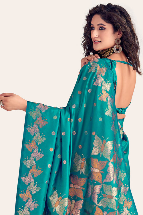 Load image into Gallery viewer, Extraordinary Firozi Soft Banarasi Silk Saree With Lovely Blouse Piece
