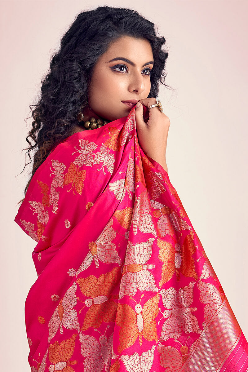 Sensational Dark Pink Soft Banarasi Silk Saree With Mesmerising Blouse Piece