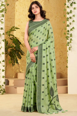 Beautiful Green Cotton Silk Saree With Redolent Blouse Piece