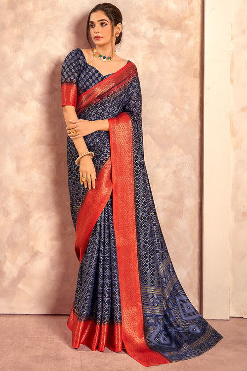 Load image into Gallery viewer, Nectarous Navy Blue Foil Printed Dola Silk Saree With Eclat Blouse Piece
