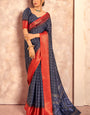 Nectarous Navy Blue Foil Printed Dola Silk Saree With Eclat Blouse Piece