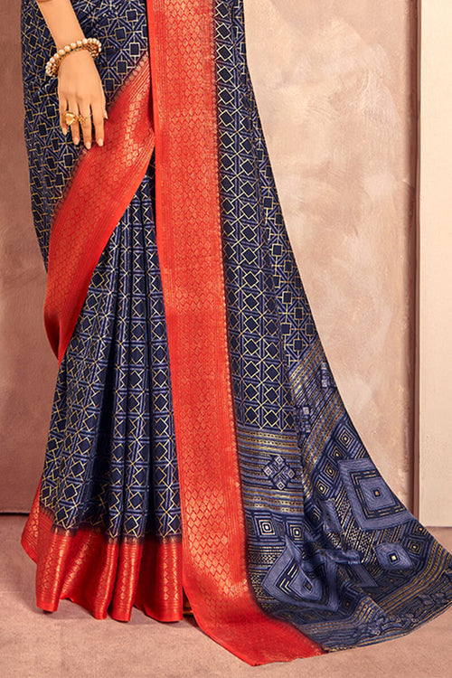 Load image into Gallery viewer, Nectarous Navy Blue Foil Printed Dola Silk Saree With Eclat Blouse Piece
