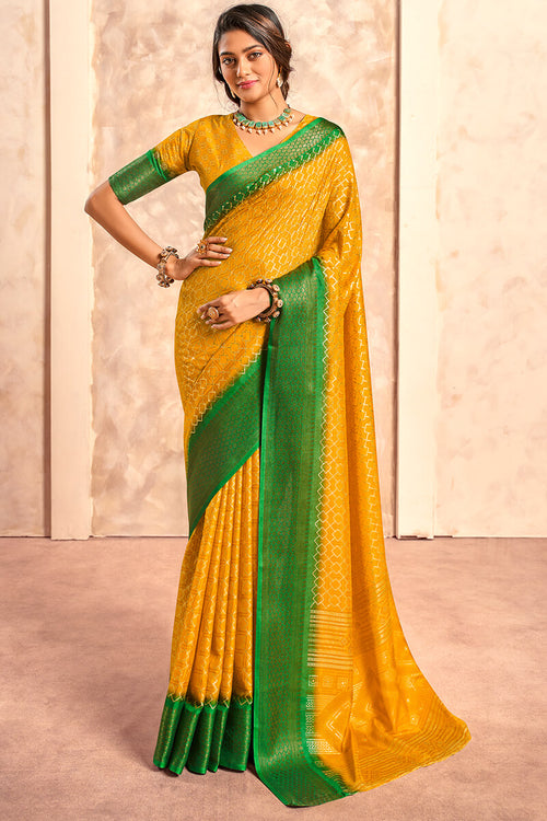 Load image into Gallery viewer, Ephemeral Yellow Foil Printed Dola Silk Saree With Inimitable Blouse Piece
