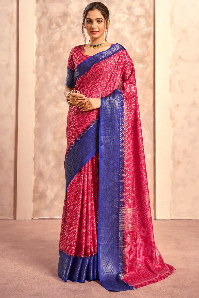 Ravishing Dark Pink Foil Printed Dola Silk Saree With Luminous Blouse Piece