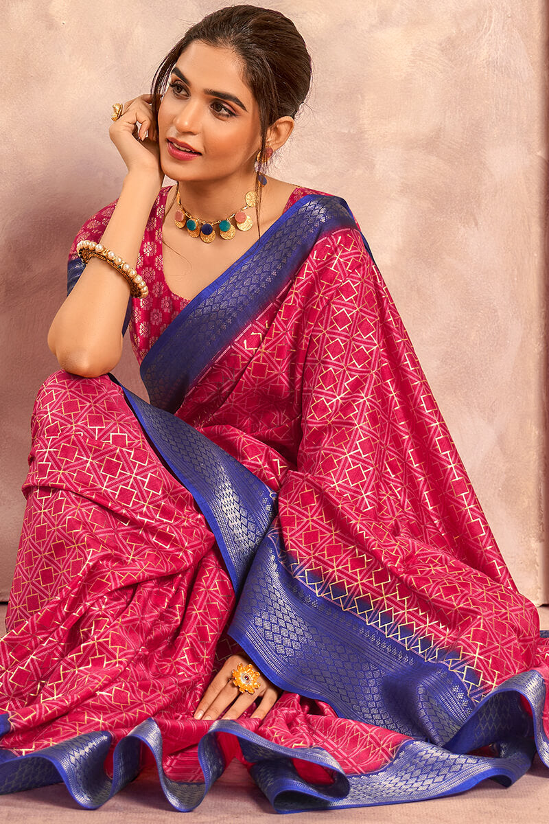 Ravishing Dark Pink Foil Printed Dola Silk Saree With Luminous Blouse Piece