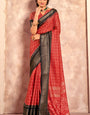 Exemplary Red Foil Printed Dola Silk Saree With Panache Blouse Piece