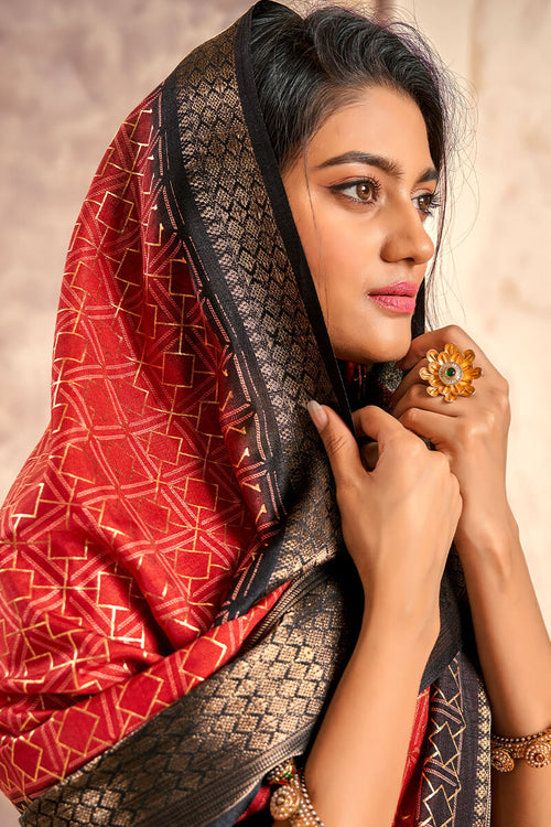 Load image into Gallery viewer, Exemplary Red Foil Printed Dola Silk Saree With Panache Blouse Piece
