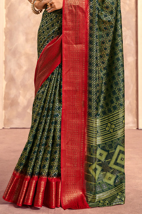 Load image into Gallery viewer, Enigmatic Dark Green Foil Printed Dola Silk Saree With Incomparable Blouse Piece
