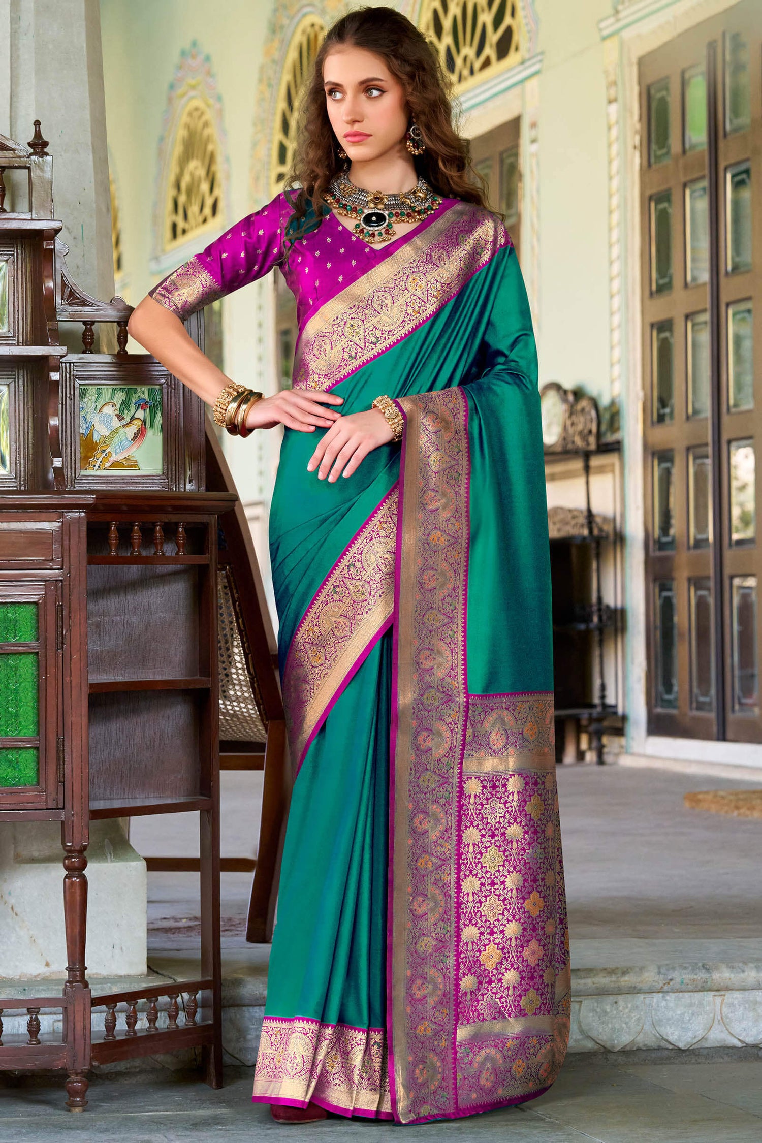 Winsome Rama Soft Banarasi Silk Saree With Chatoyant Blouse Piece