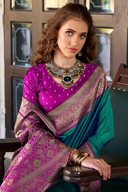 Winsome Rama Soft Banarasi Silk Saree With Chatoyant Blouse Piece