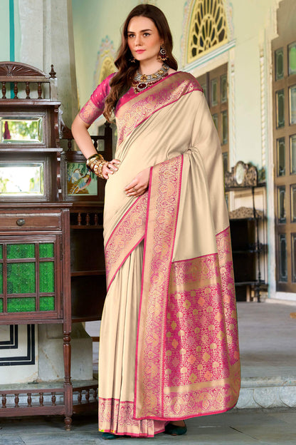 Redolent Beige Soft Banarasi Silk Saree With Ebullience Blouse Piece