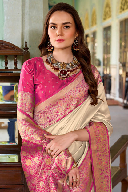 Redolent Beige Soft Banarasi Silk Saree With Ebullience Blouse Piece
