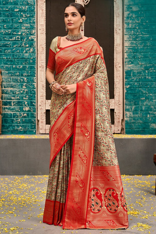 Load image into Gallery viewer, Inimitable Beige and Red Kanjivaram Silk Saree With Luminous Blouse Piece
