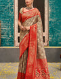 Inimitable Beige and Red Kanjivaram Silk Saree With Luminous Blouse Piece