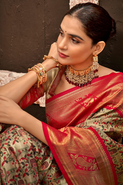 Load image into Gallery viewer, Inimitable Beige and Red Kanjivaram Silk Saree With Luminous Blouse Piece
