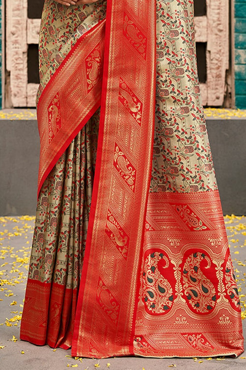 Load image into Gallery viewer, Inimitable Beige and Red Kanjivaram Silk Saree With Luminous Blouse Piece
