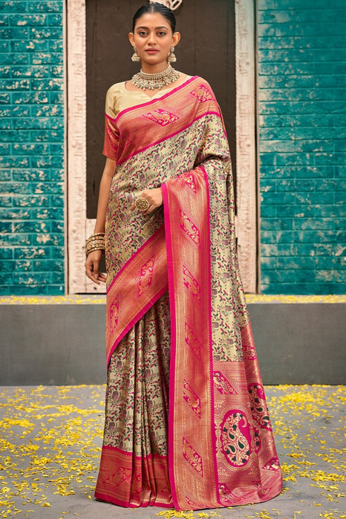 Load image into Gallery viewer, Whimsical Beige and Dark Pink Kanjivaram Silk Saree With Vibrant Blouse Piece
