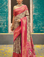 Whimsical Beige and Dark Pink Kanjivaram Silk Saree With Vibrant Blouse Piece