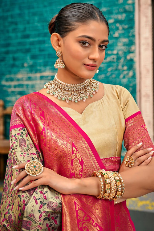 Load image into Gallery viewer, Whimsical Beige and Dark Pink Kanjivaram Silk Saree With Vibrant Blouse Piece
