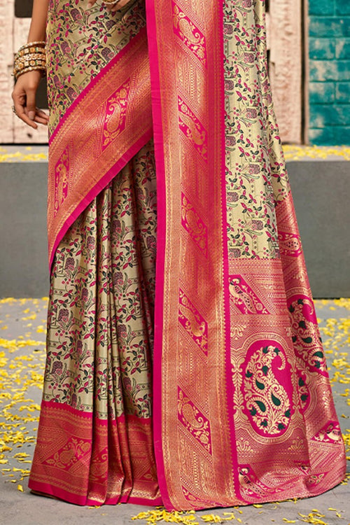 Load image into Gallery viewer, Whimsical Beige and Dark Pink Kanjivaram Silk Saree With Vibrant Blouse Piece
