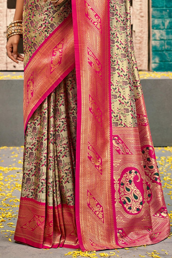 Whimsical Beige and Dark Pink Kanjivaram Silk Saree With Vibrant Blouse Piece