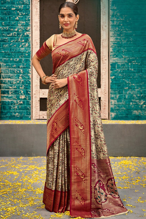 Load image into Gallery viewer, Imaginative Beige and Wine Kanjivaram Silk Saree With Unequalled Blouse Piece
