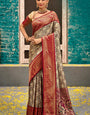 Imaginative Beige and Wine Kanjivaram Silk Saree With Unequalled Blouse Piece