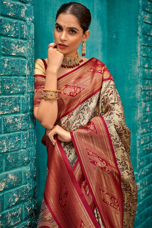 Load image into Gallery viewer, Imaginative Beige and Wine Kanjivaram Silk Saree With Unequalled Blouse Piece
