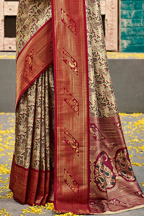 Load image into Gallery viewer, Imaginative Beige and Wine Kanjivaram Silk Saree With Unequalled Blouse Piece
