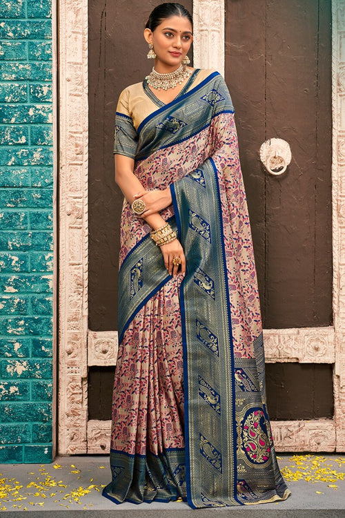 Load image into Gallery viewer, Enchanting Beige And Navy Blue Kanjivaram Silk Saree With Improbable Blouse Piece
