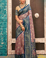 Enchanting Beige And Navy Blue Kanjivaram Silk Saree With Improbable Blouse Piece