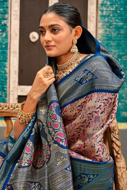 Load image into Gallery viewer, Enchanting Beige And Navy Blue Kanjivaram Silk Saree With Improbable Blouse Piece
