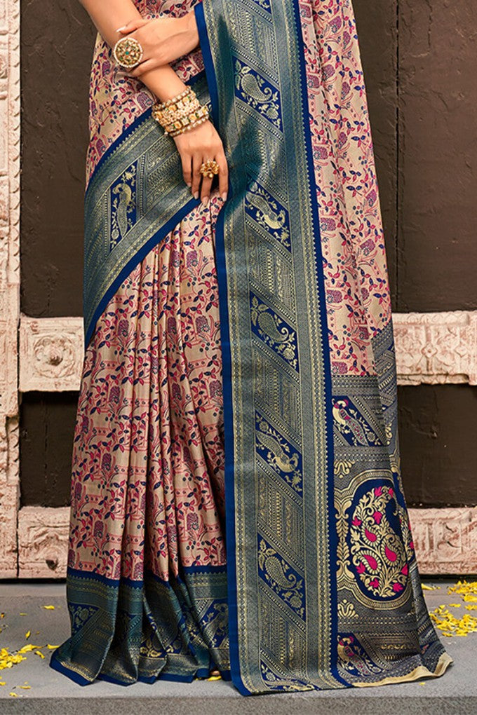 Enchanting Beige And Navy Blue Kanjivaram Silk Saree With Improbable Blouse Piece