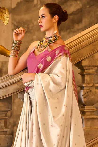 Panache Beige Soft Banarasi Silk Saree With Embellished Blouse Piece