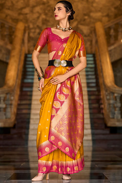 Gratifying Yellow Soft Banarasi Silk Saree With Staggering Blouse Piece