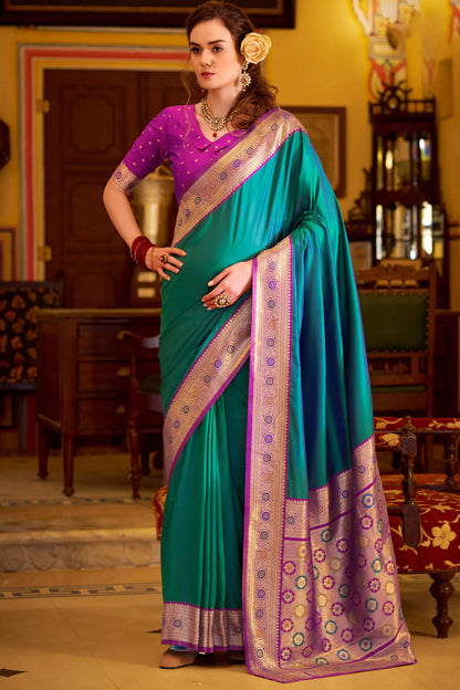 Refreshing Rama Pure Zari Weaving Banarasi Silk Saree With Lassitude Blouse Piece