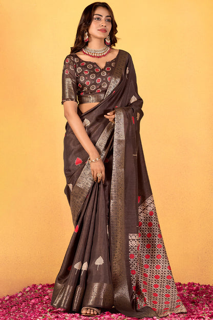 Dissemble Brown Foil Printed Dola Silk Saree With Lassitude Blouse Piece