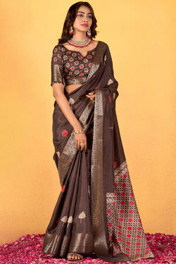Dissemble Brown Foil Printed Dola Silk Saree With Lassitude Blouse Piece