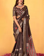 Dissemble Brown Foil Printed Dola Silk Saree With Lassitude Blouse Piece